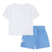 Nike kids’ white t-shirt and blue shorts set shown flat on a white background, back view.