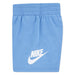 Nike baby blue shorts with elastic waistband and white logo displayed flat on a white background.