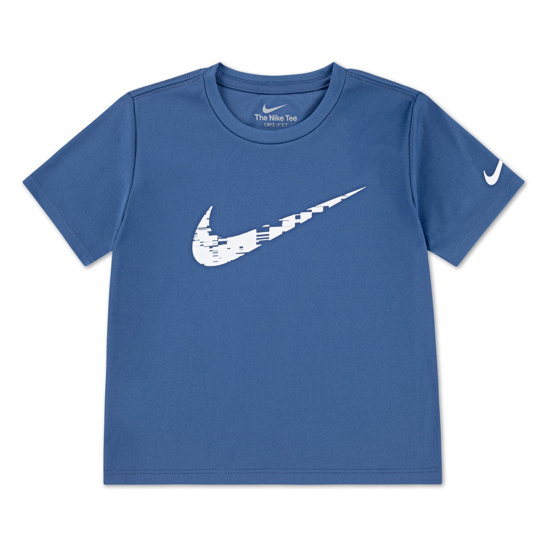 Nike blue short sleeve t-shirt with white swoosh logo displayed flat on a white background.