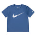 Nike blue short sleeve t-shirt with white swoosh logo displayed flat on a white background.