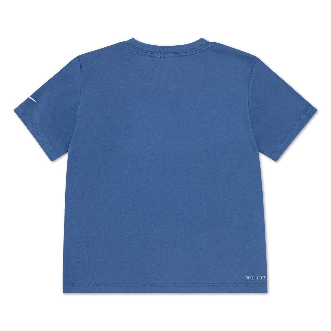 Nike Dri-FIT kids' blue short sleeve t-shirt shown flat with back view visible.