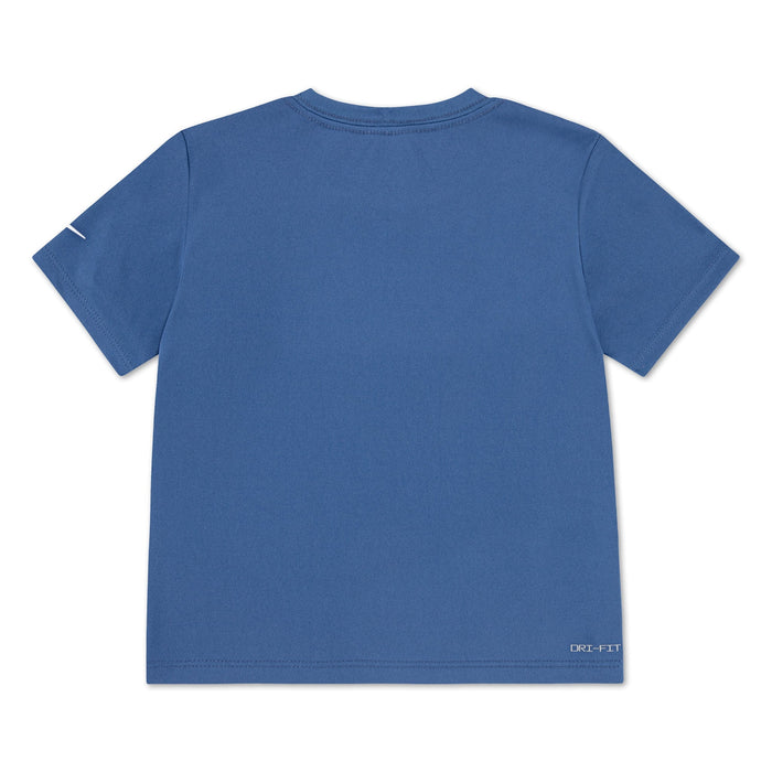 Nike Dri-FIT kids' blue short sleeve t-shirt shown flat with back view visible.