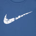 Nike kids' blue t-shirt featuring a white pixelated swoosh logo across the chest.