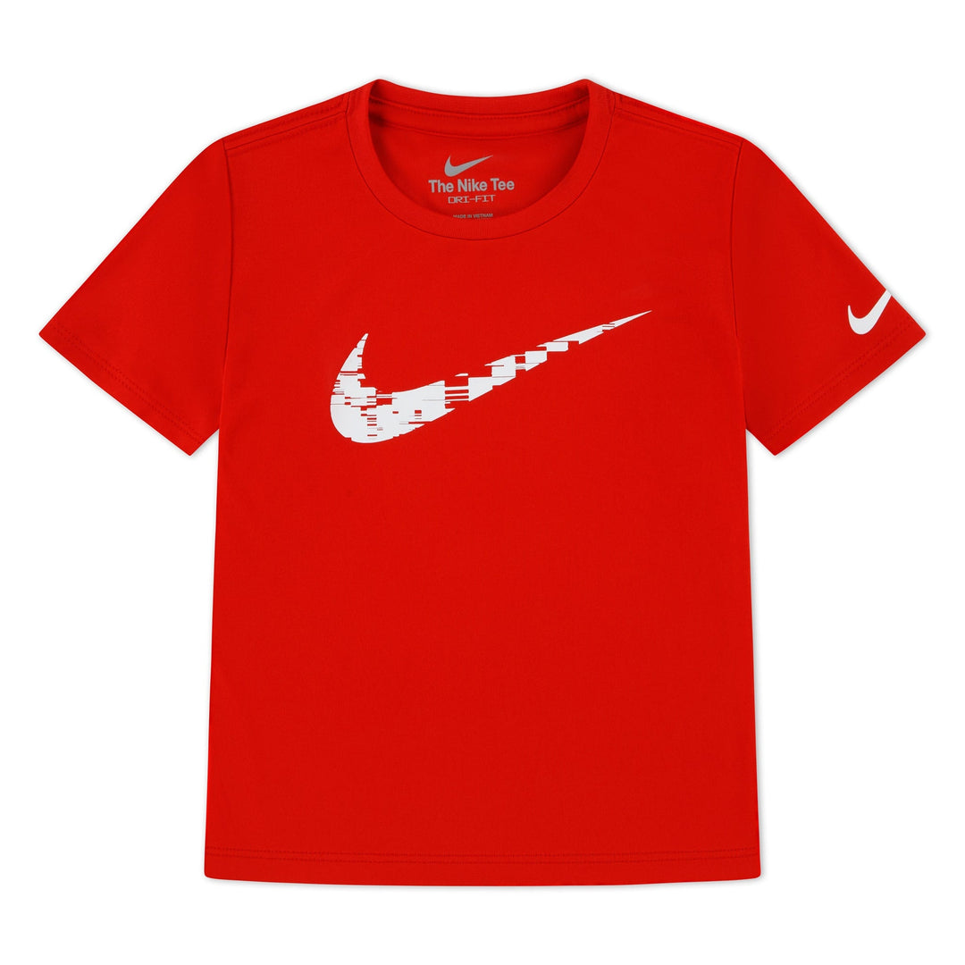 Nike red short sleeve kids t-shirt with white graphic logo, shown flat against white background.