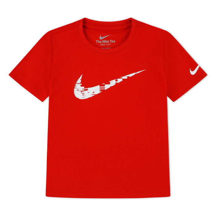 Nike red short sleeve kids t-shirt with white graphic logo, shown flat against white background.