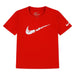 Nike red short sleeve kids t-shirt with white graphic logo, shown flat against white background.