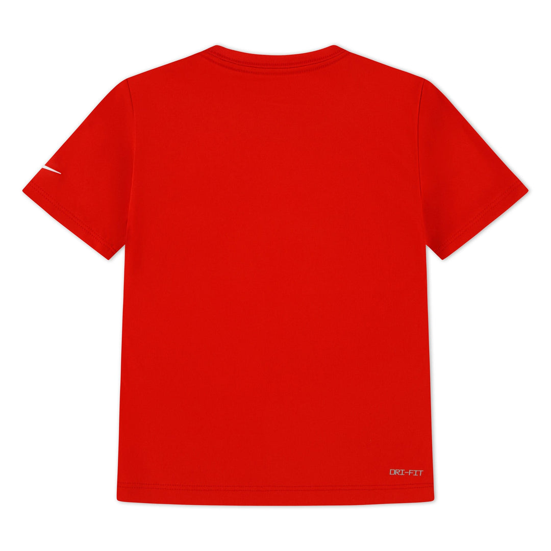 Nike Dri-FIT red short sleeve kids t-shirt displayed flat, back view visible.