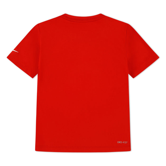Nike Dri-FIT red short sleeve kids t-shirt displayed flat, back view visible.