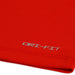 DRI-FIT red athletic fabric close-up showing stitching and logo detail.