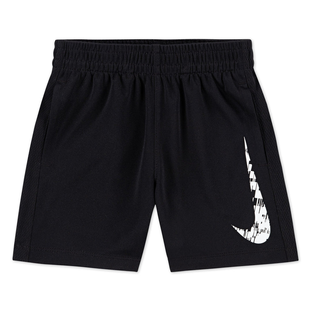 Nike black kids’ shorts with white graphic Swoosh logo, laid flat on white background.