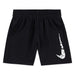 Nike black kids’ shorts with white graphic Swoosh logo, laid flat on white background.