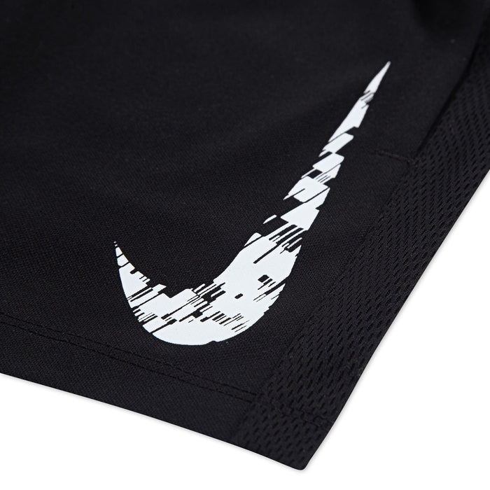 Nike black athletic shorts close-up showing white logo detail on fabric