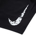 Nike black athletic shorts close-up showing white logo detail on fabric