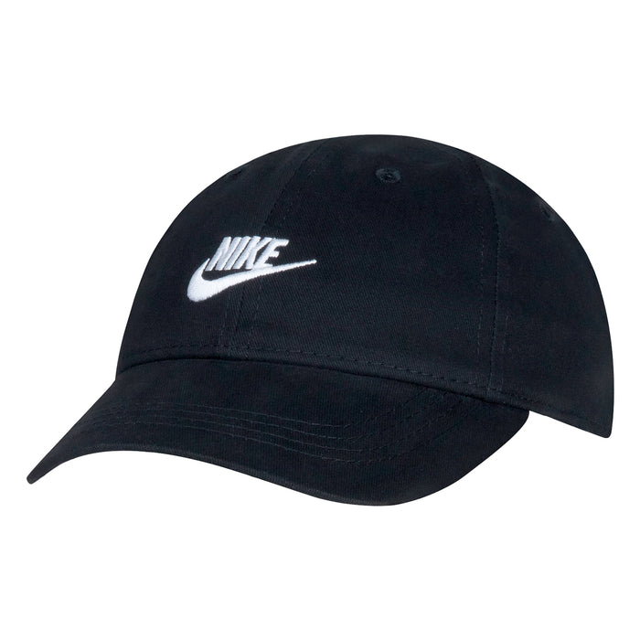 Nike black baseball cap with white embroidered logo shown against a plain white background.