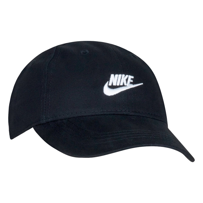 Nike black baseball cap with white embroidered logo shown on a white background.