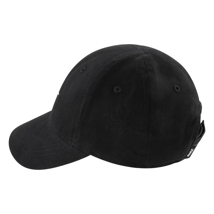 Nike black kids baseball cap shown from the back with adjustable strap and curved brim.