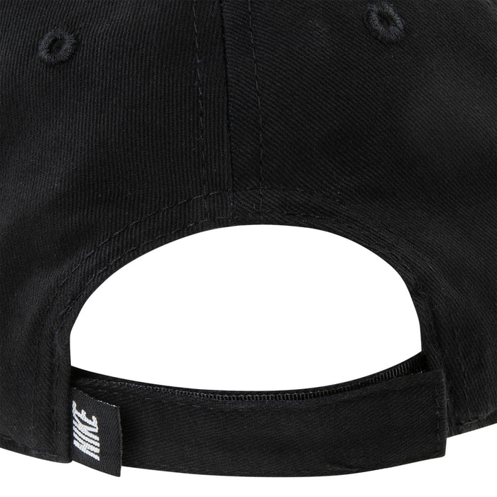 Nike black adjustable baseball cap showing rear strap and white logo tag close-up.