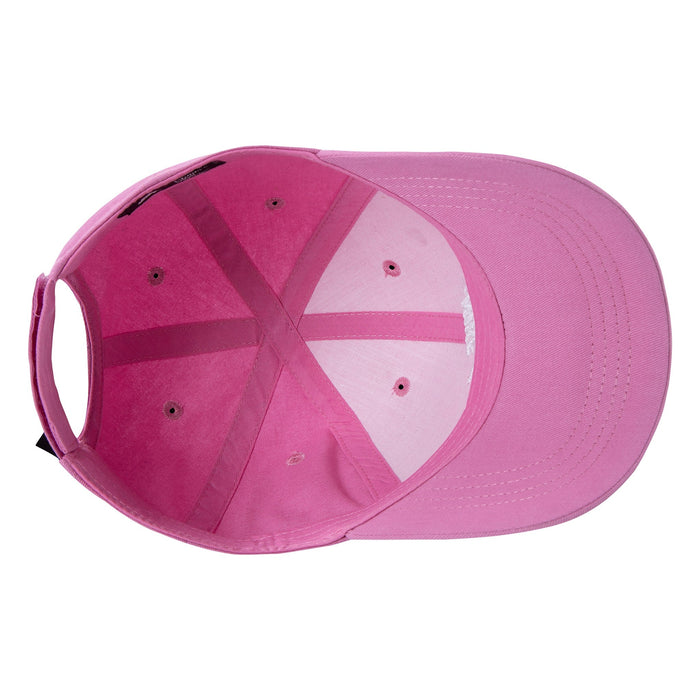 Pink kids' baseball cap shown from underneath, displaying interior stitching and ventilation holes.