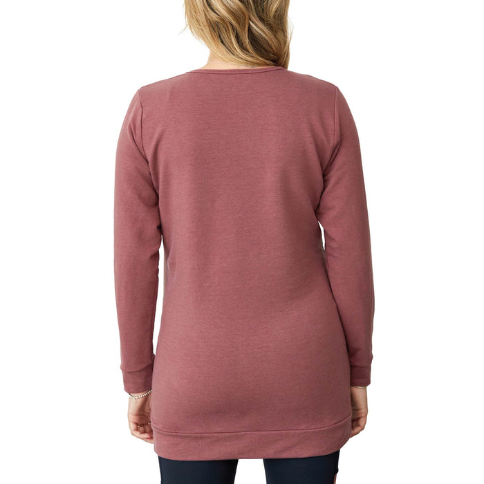 NIXI-B mauve long-sleeve tunic sweatshirt shown from the back, worn by a woman.