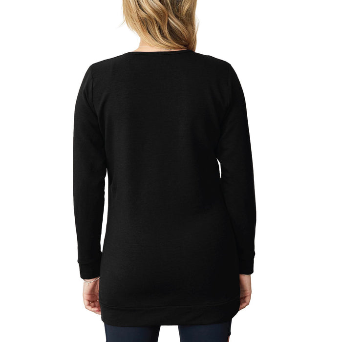 Nixi black long-sleeve tunic shown on a person from the back against a white background.