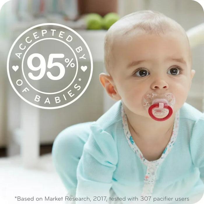 Baby with a pacifier with a badge indicating acceptance by 95% of babies for Nuk pacifiers