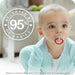 Baby with a pacifier with a badge indicating acceptance by 95% of babies for Nuk pacifiers