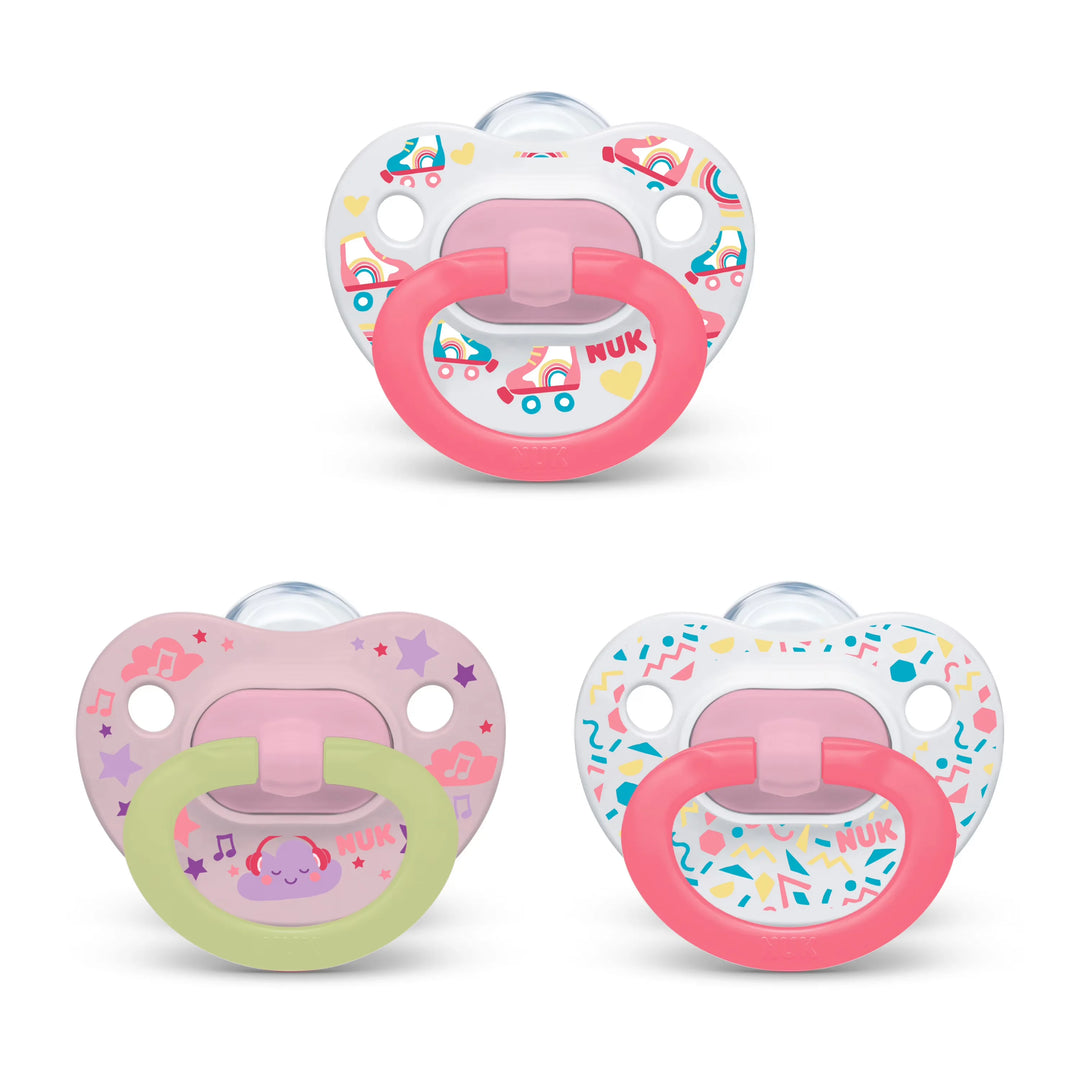 Nuk pacifiers pink, lavender, white with  rollerskates, confettis and cloud desing - 3 pack girls - glows in the dark