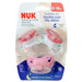 NUK orthodontic pacifier package with 3 pacifiers in pink and white, shaped to soothe like mom, for ages 6-18 months.