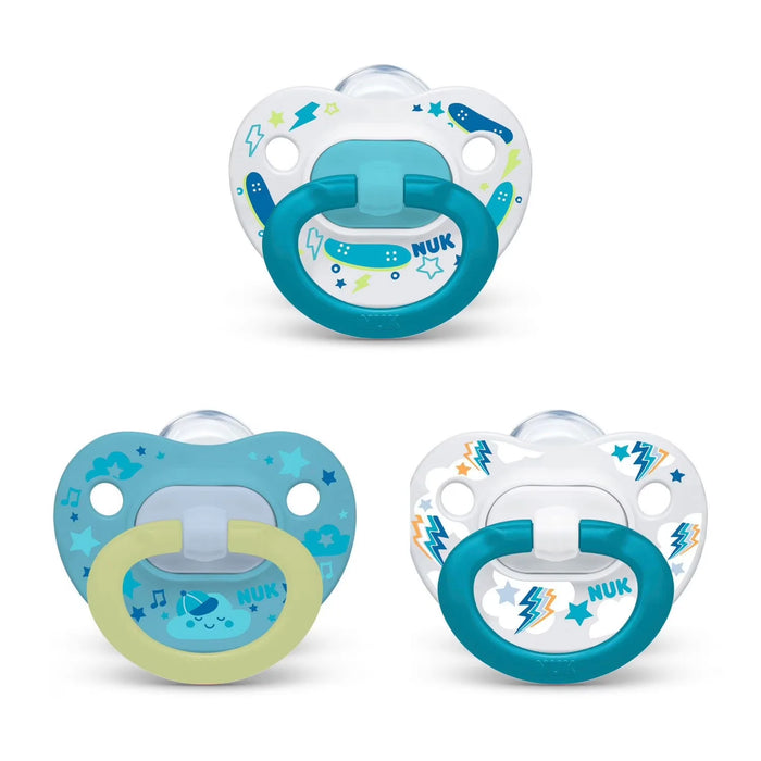 Nuk pacifiers blue teal white with stars, lightening bolts and cloud desing - 3 pack boys - glows in the dark