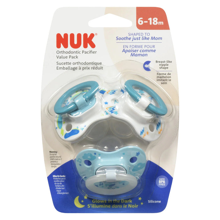 NUK orthodontic pacifier packaging with 3 boy pacifiers on a white background
