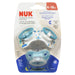 NUK orthodontic pacifier packaging with 3 boy pacifiers on a white background