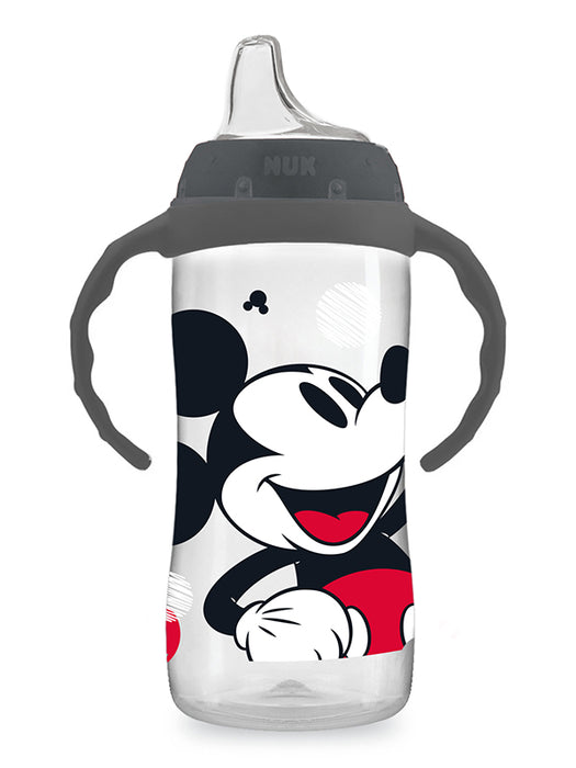 NUK Mickey Mouse learner cup with handles and sippy spout shown upright on white background.