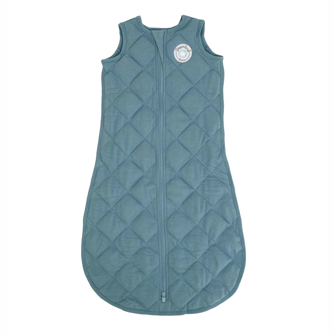 Quilted sleeveless blue baby sleep sack with front zipper on white background