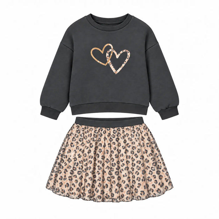 Ensemble chandail cœurs léopard et jupe mesh Happy Kids