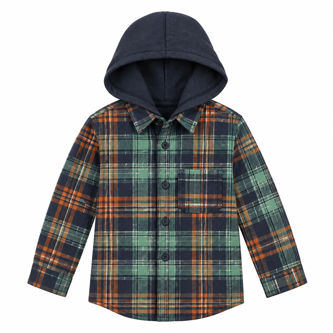 Rococo boys green navy orange plaid hooded flannel shirt