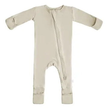 Beige baby sleeper with zipper, long sleeves, fold-over cuffs, and footed design