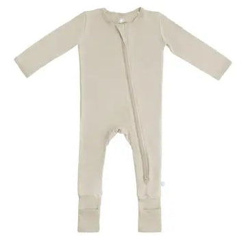 Beige long sleeve baby sleeper with front zipper and foot cuffs