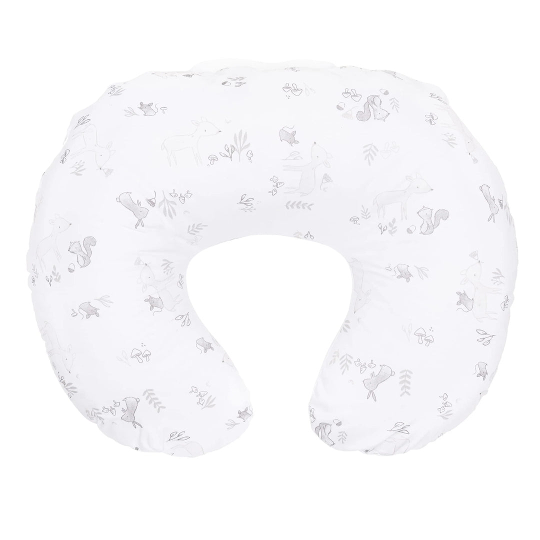 White nursing pillow with grey animal print, U-shaped baby support cushion
