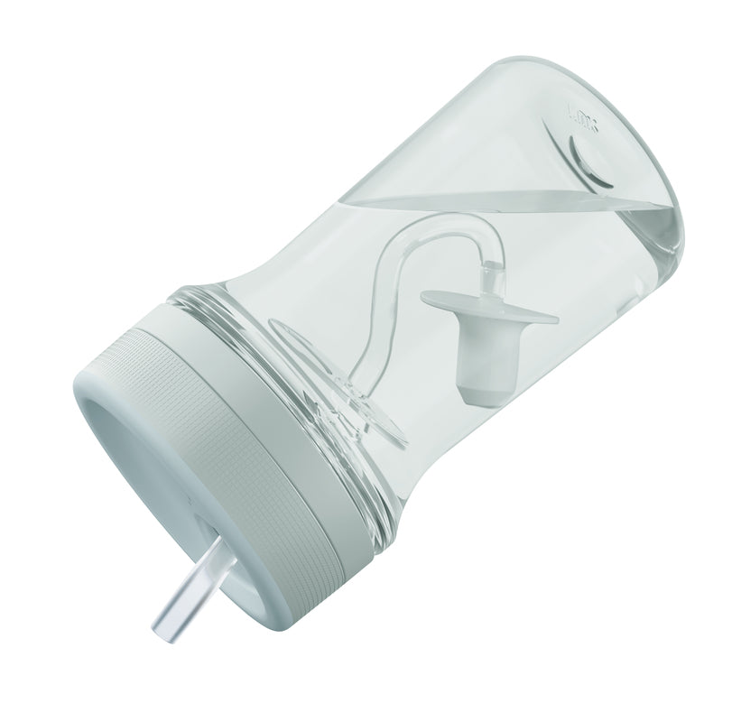 Clear baby sippy cup with white leak-proof lid and weighted straw on white background