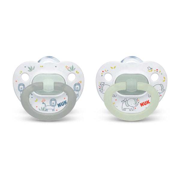 NUK pacifiers with animal prints, side by side on a white background.