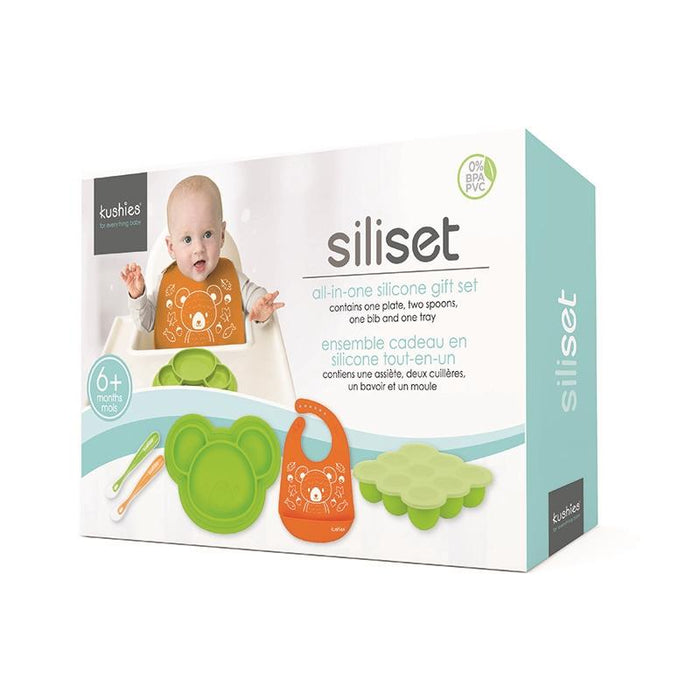 Kushies Siliset all-in-one silicone gift set box featuring baby in orange bib and green plate.