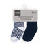Kushies newborn socks two-pack with one striped and one solid navy pair on product hanger.