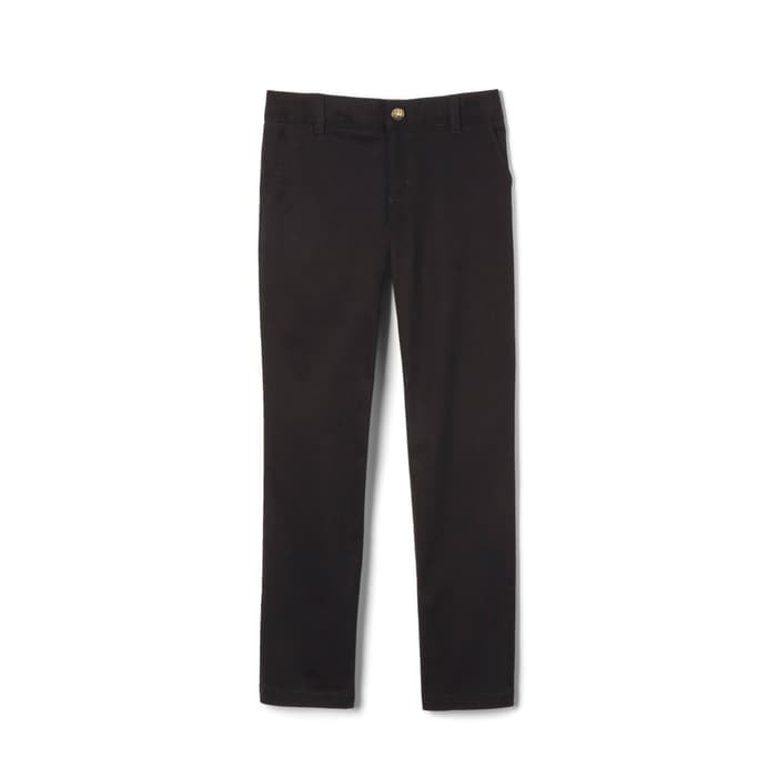 Kids’ black uniform pants with belt loops and front button, displayed on white background