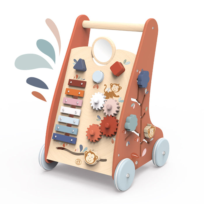 SP10021 Multi-Activity Walker wooden baby push toy with gears, xylophone, and animal designs on white background.