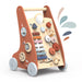 Wooden multi-activity push toy for toddlers with gears, xylophone, and colorful shapes on white background.
