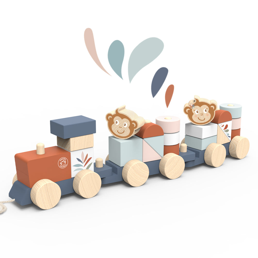 Wooden stacking train toy with monkey faces and colorful blocks on a white background.