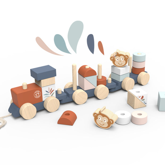 Wooden stacking train toy with colorful geometric blocks and monkey faces, displayed on a white surface.