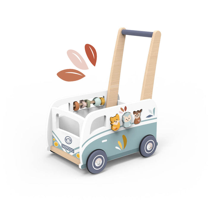 VAN multi-activity wooden baby walker with animal designs on a white background.