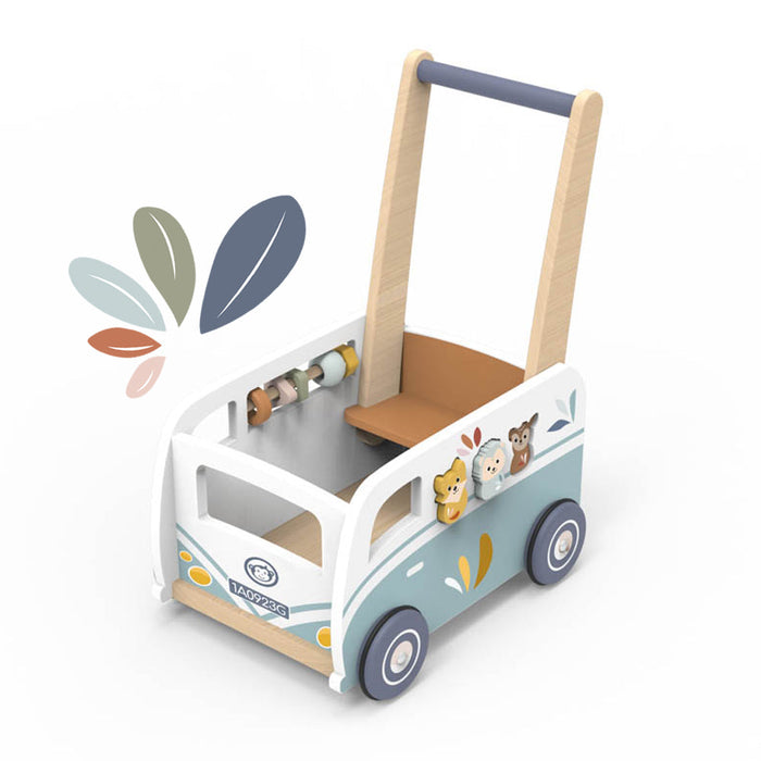 Multi-activity walker shaped like a van with wooden handle, animal designs, and bead toys.