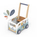 Multi-activity walker shaped like a van with wooden handle, animal designs, and bead toys.